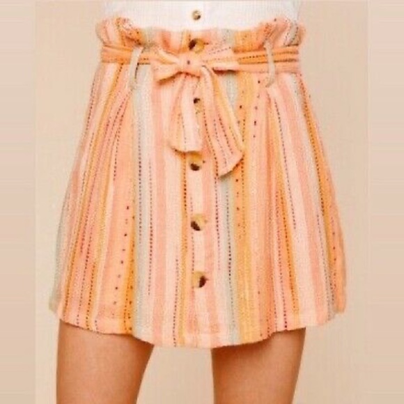Altar’d State Blush Striped Button Front Tie Waist Skirt - Picture 1 of 11